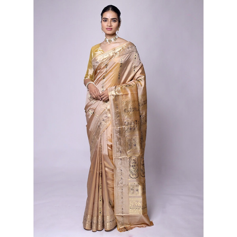 Cream Handloom Baluchari Pure Silk Saree With Blouse Piece - JD986601324