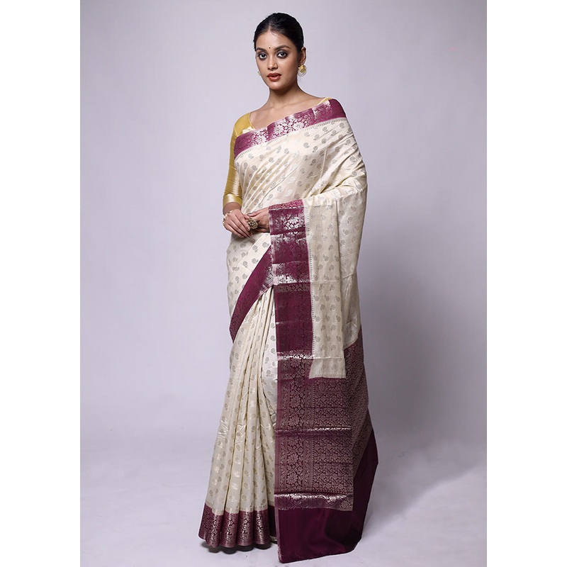 Cream Handloom Dupion Pure Silk Saree With Blouse Piece - JD986601238