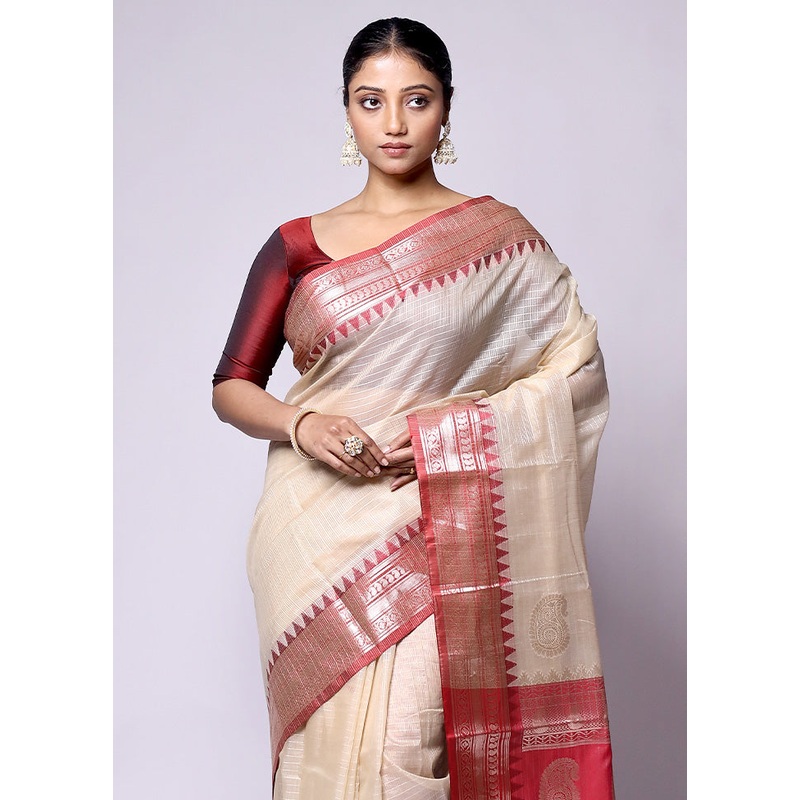Cream Kota Cotton Saree With Blouse Piece - JD986601406