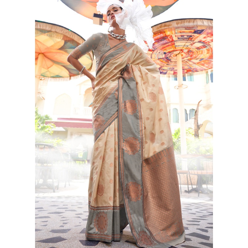 Cream Spun Silk Saree With Blouse Piece - JD986601347