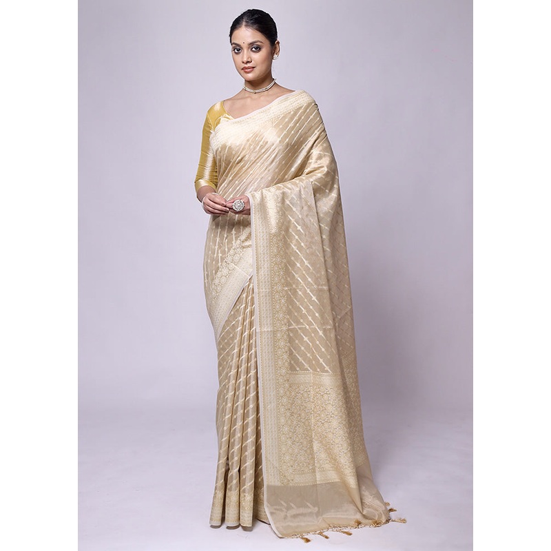 Cream Tissue Silk Saree With Blouse Piece - JD986601237