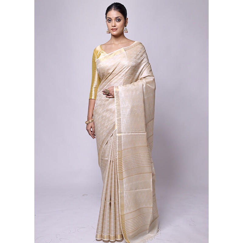 Cream Tussar Silk Saree With Blouse Piece - JD986601236