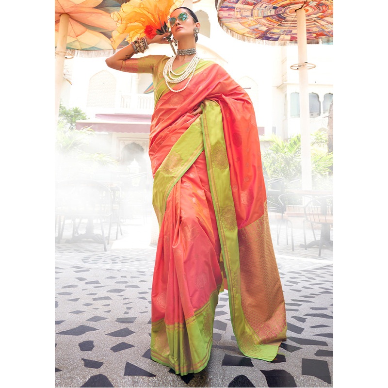 Dark Peach Spun Silk Saree With Blouse Piece - JD986601346