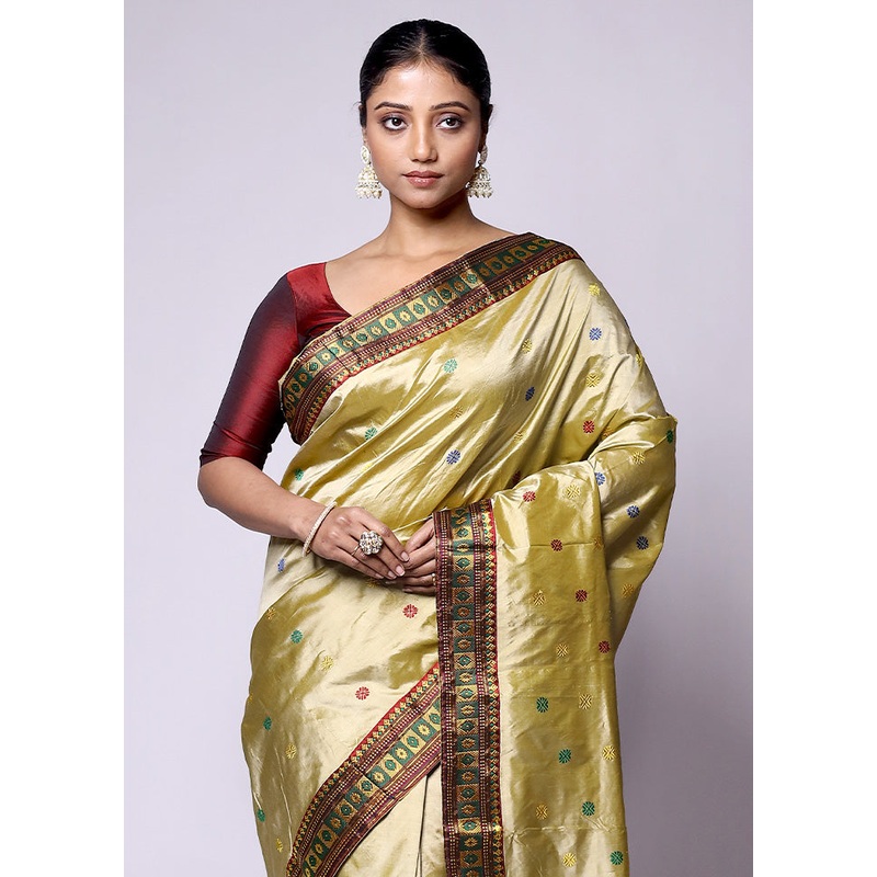 Golden Handloom Assam Pure Silk Saree With Blouse Piece - JD986601404