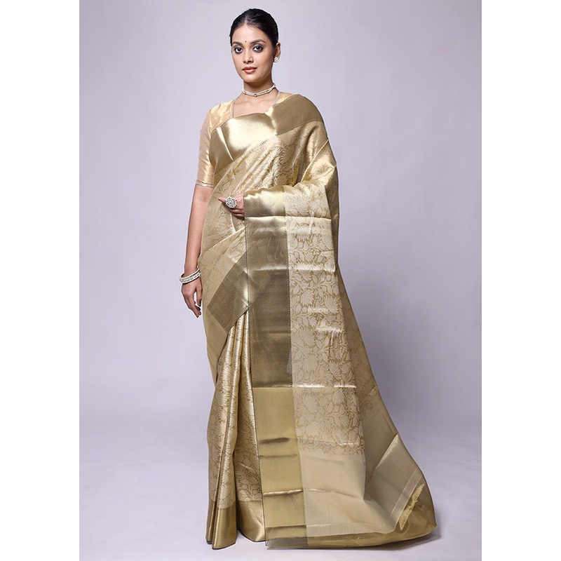 Golden Tissue Silk Saree With Blouse Piece - JD986601234