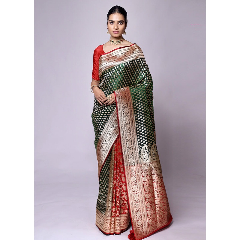 Green Banarasi Silk Saree With Blouse Piece - JD986601322