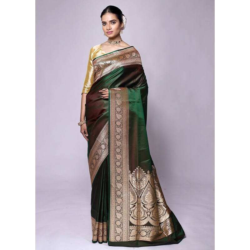 Green Banarasi Silk Saree With Blouse Piece - JD986601323