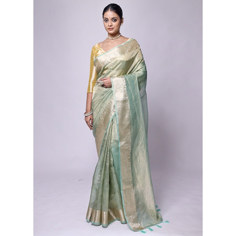 Green Crushed Tissue Silk Saree With Blouse Piece - JD986601232