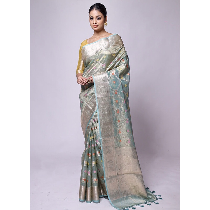 Green Crushed Tissue Silk Saree With Blouse Piece - JD986601233