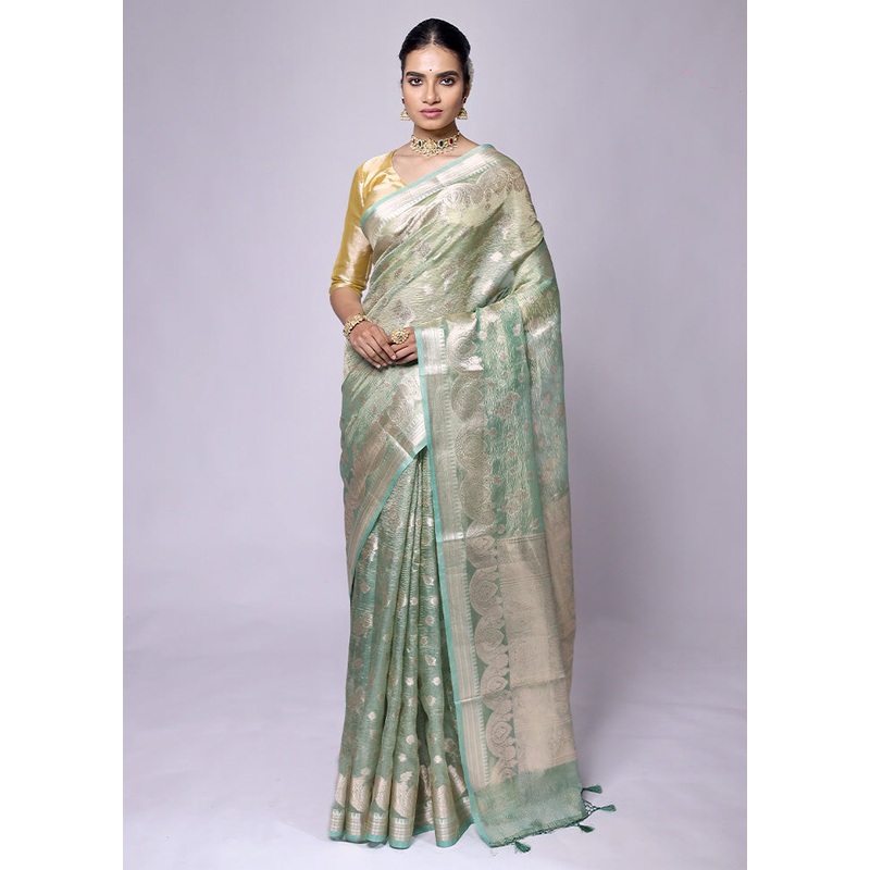 Green Crushed Tissue Silk Saree With Blouse Piece - JD986601318