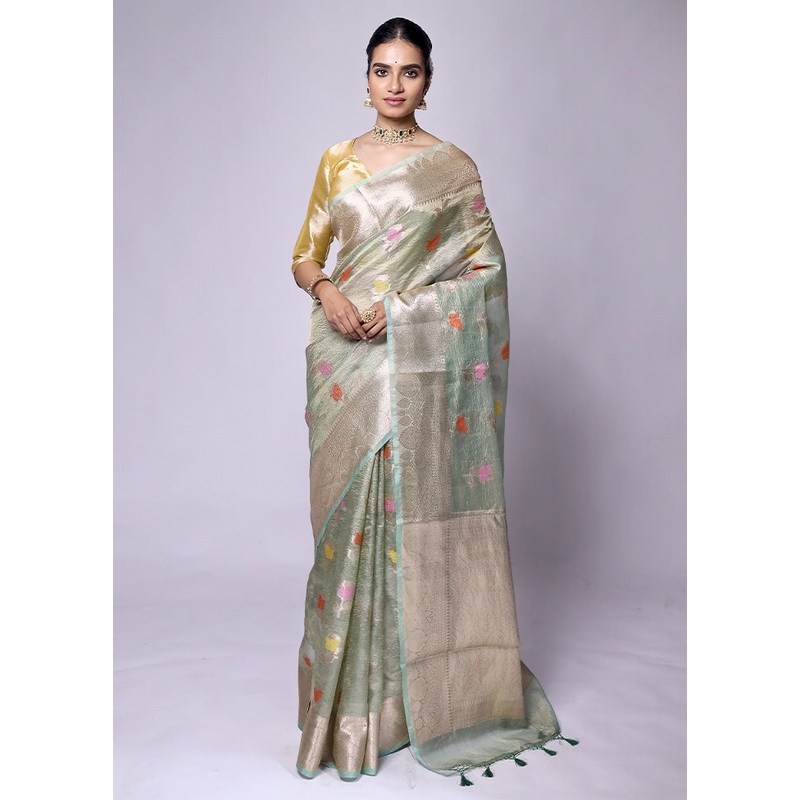 Green Crushed Tissue Silk Saree With Blouse Piece - JD986601319