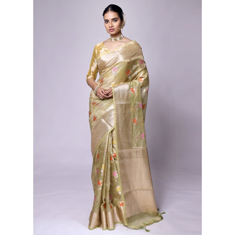 Green Crushed Tissue Silk Saree With Blouse Piece - JD986601320
