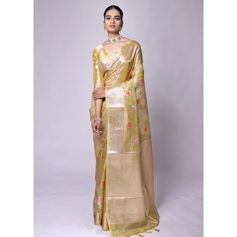 Green Crushed Tissue Silk Saree With Blouse Piece - JD986601321