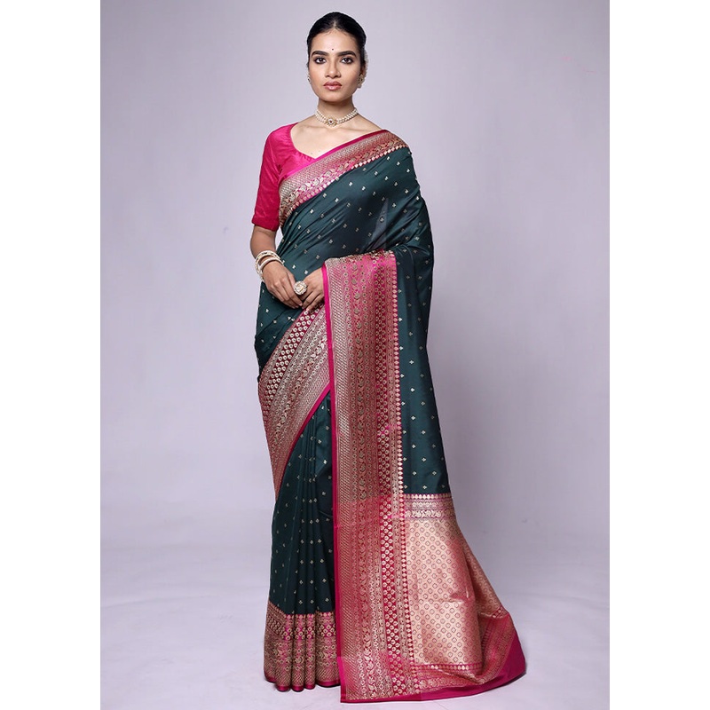 Green Dupion Silk Saree With Blouse Piece - JD986601315