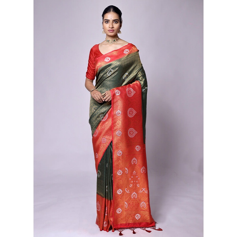 Green Dupion Silk Saree With Blouse Piece - JD986601317