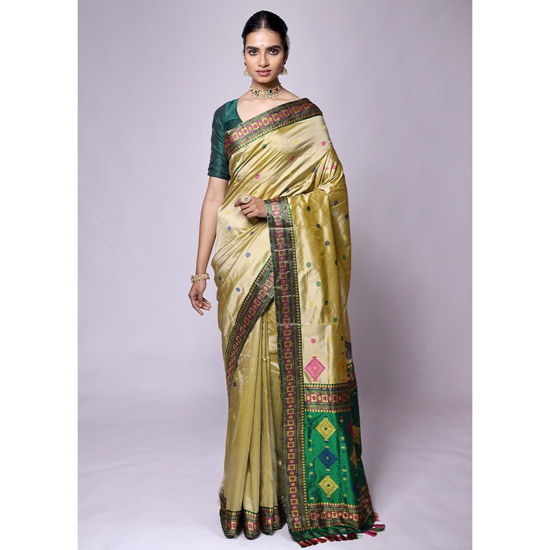 Green Handloom Assam Pure Silk Saree With Blouse Piece - JD986601313
