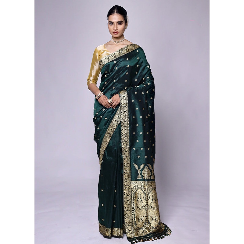 Green Handloom Assam Pure Silk Saree With Blouse Piece - JD986601314