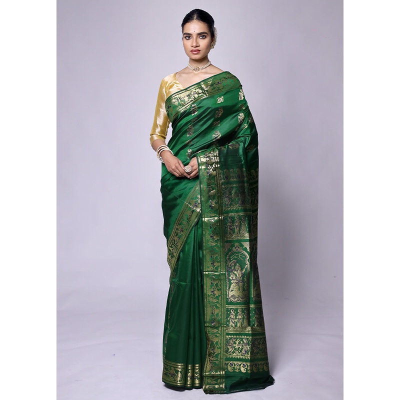 Green Handloom Baluchari Pure Silk Saree With Blouse Piece - JD986601229