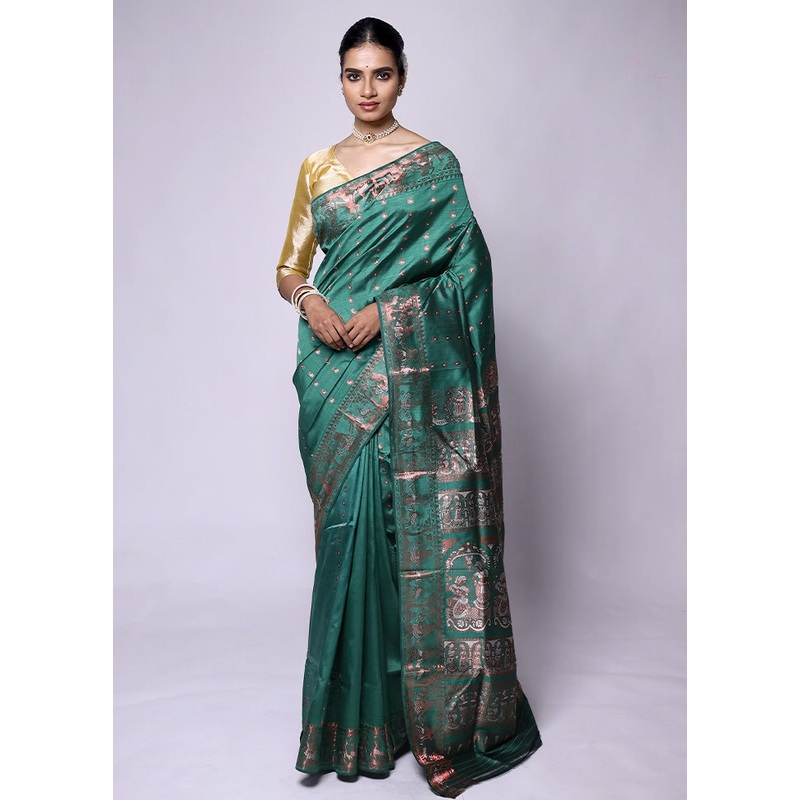 Green Handloom Baluchari Pure Silk Saree With Blouse Piece - JD986601310