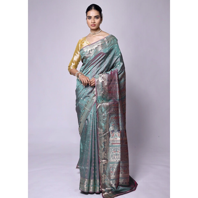 Green Handloom Baluchari Pure Silk Saree With Blouse Piece - JD986601311
