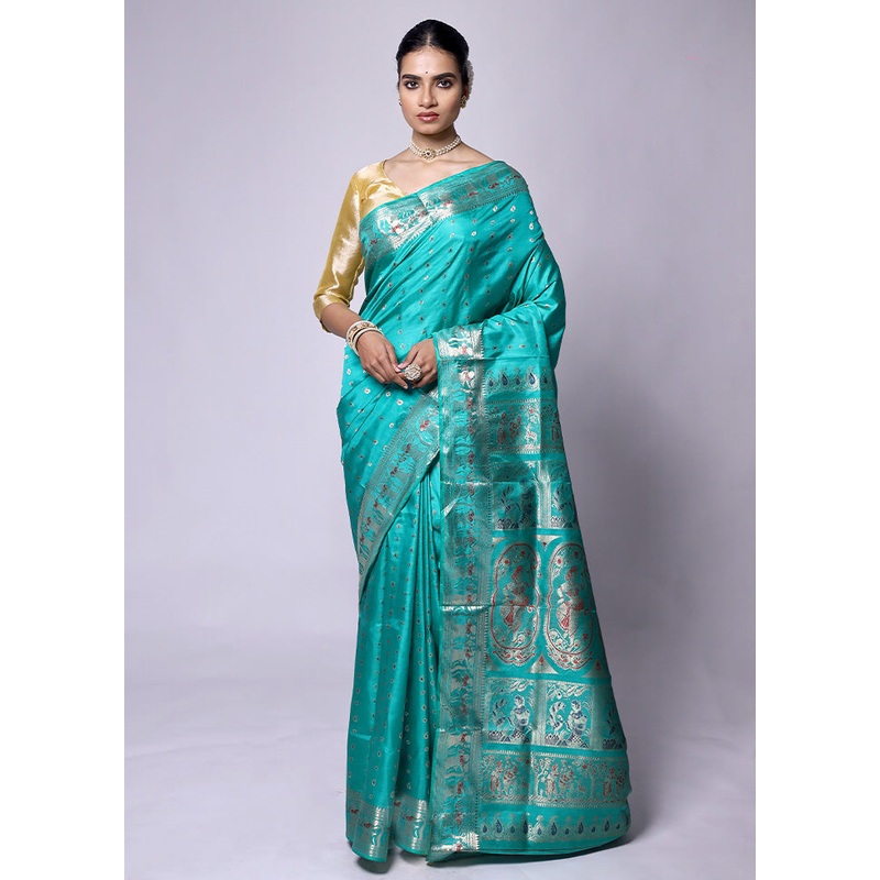 Green Handloom Baluchari Pure Silk Saree With Blouse Piece - JD986601312