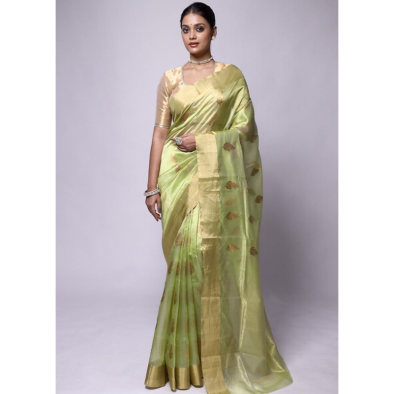 Green Handloom Chanderi Pure Cotton Saree With Blouse Piece - JD986601227