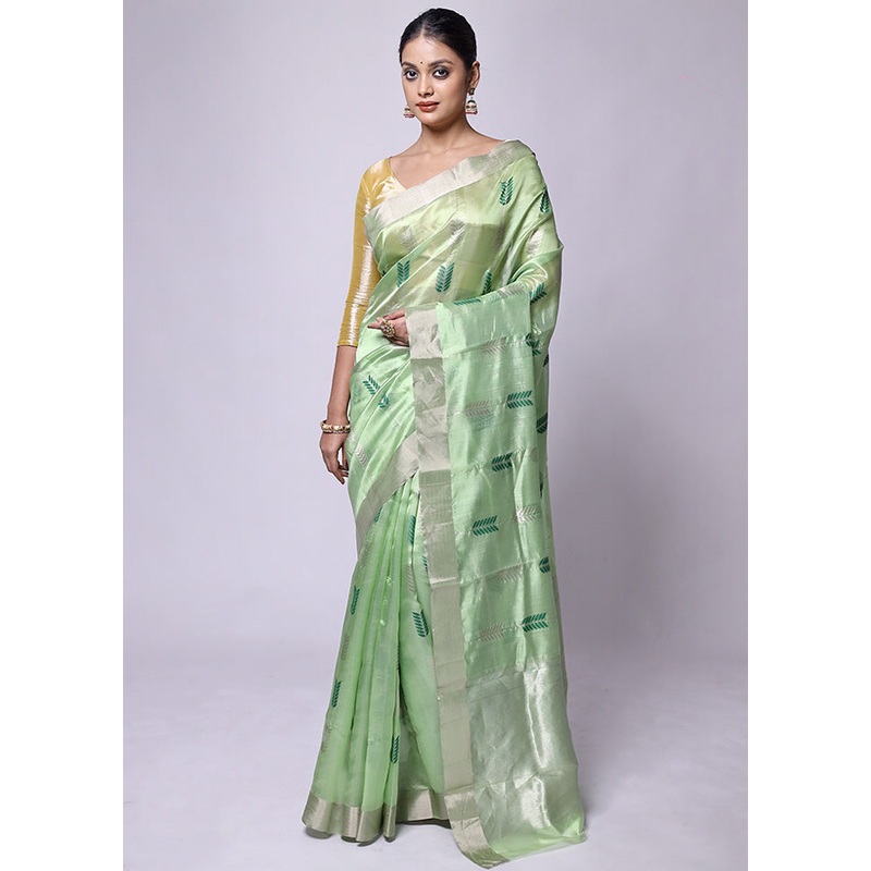 Green Handloom Chanderi Pure Cotton Saree With Blouse Piece - JD986601228