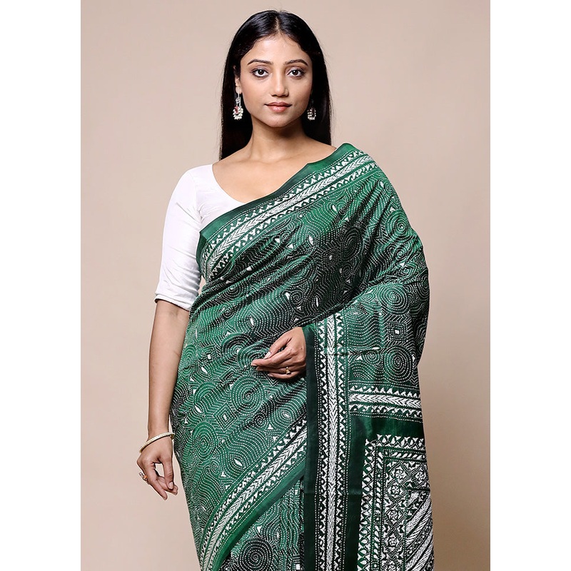 Green Handloom Kantha Stitch Pure Silk Saree With Blouse Piece - JD986601397