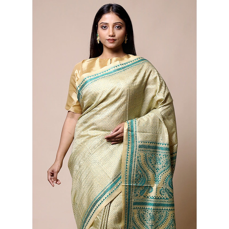 Green Handloom Kantha Stitch Pure Silk Saree With Blouse Piece - JD986601398
