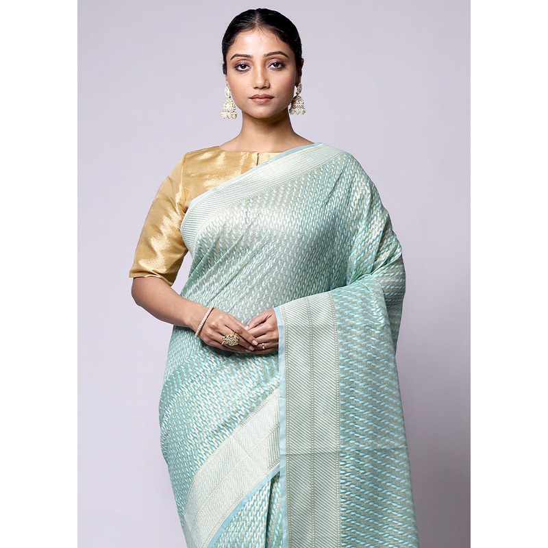 Green Pure Cotton Saree With Blouse Piece - JD986601395