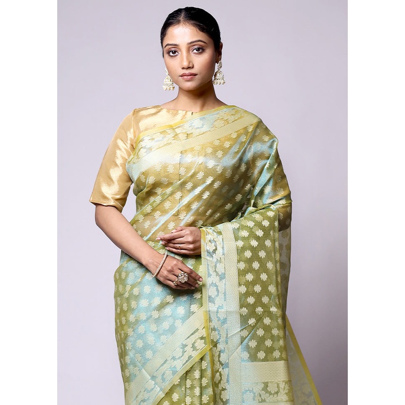 Green Tissue Silk Saree With Blouse Piece - JD986601392