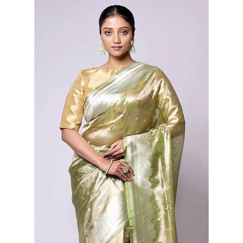 Green Tissue Silk Saree With Blouse Piece - JD986601393