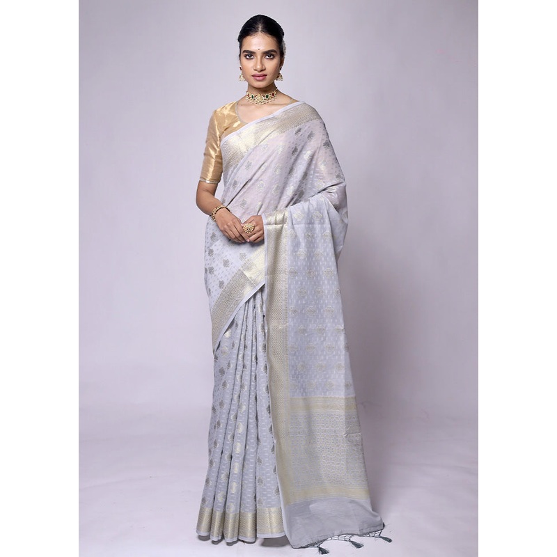 Grey Kora Silk Saree With Blouse Piece - JD986601327