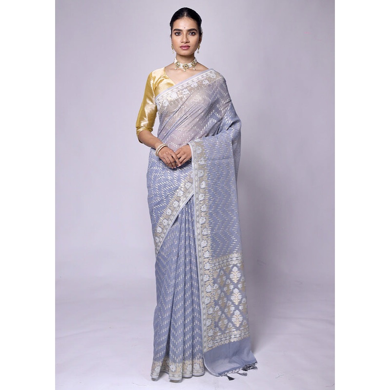 Grey Kora Silk Saree With Blouse Piece - JD986601329