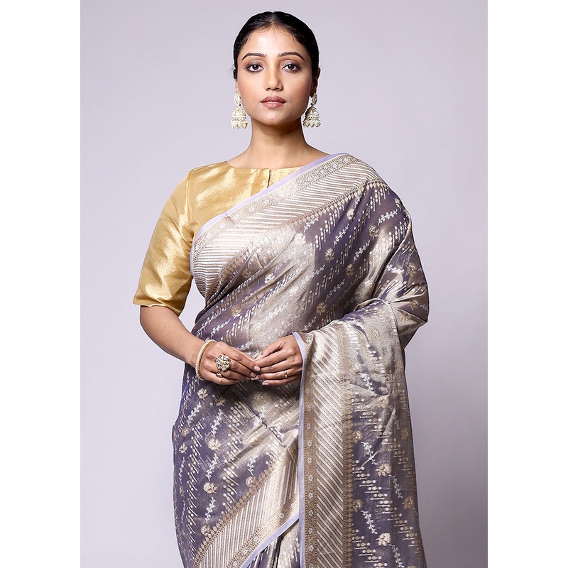 Grey Tissue Silk Saree With Blouse Piece - JD986601389