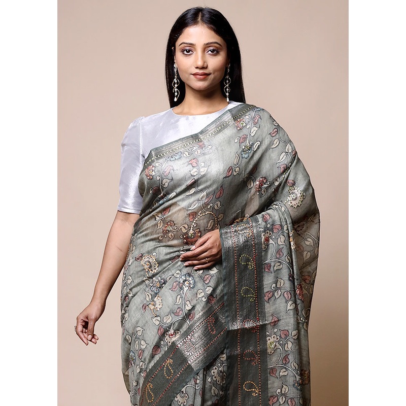 Grey Tussar Silk Saree With Blouse Piece - JD986601388