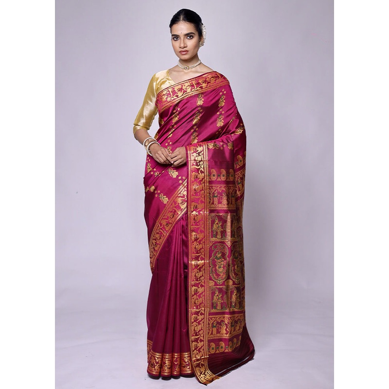 Maroon Handloom Baluchari Pure Silk Saree With Blouse Piece - JD986601297