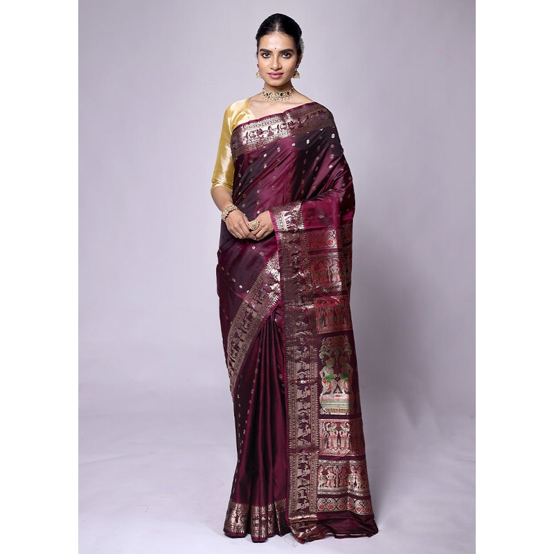 Maroon Handloom Baluchari Pure Silk Saree With Blouse Piece - JD986601298