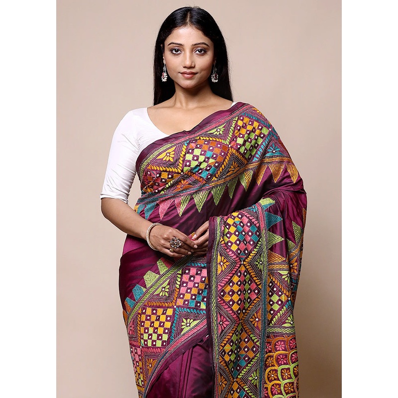 Maroon Kantha Stitch Silk Saree With Blouse Piece - JD986601387