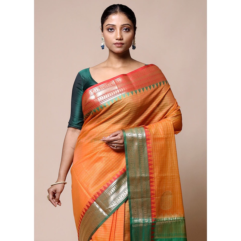 Orange Kota Cotton Saree With Blouse Piece - JD986601386