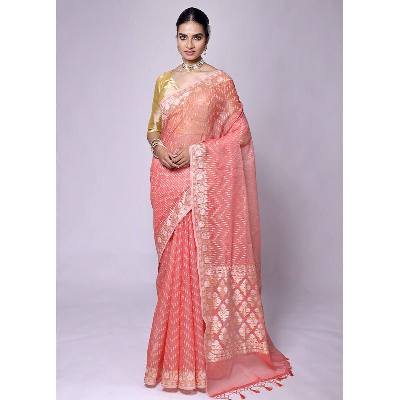 Peach Kora Silk Saree With Blouse Piece - JD986601294