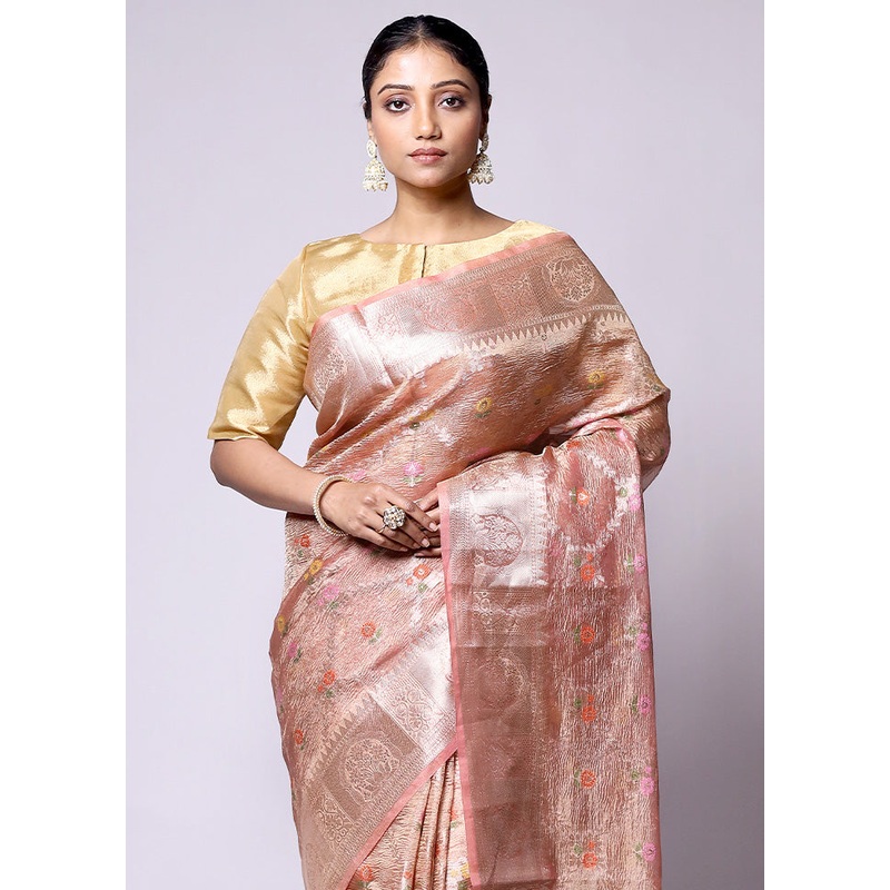 Peach Tissue Silk Saree With Blouse Piece - JD986601384