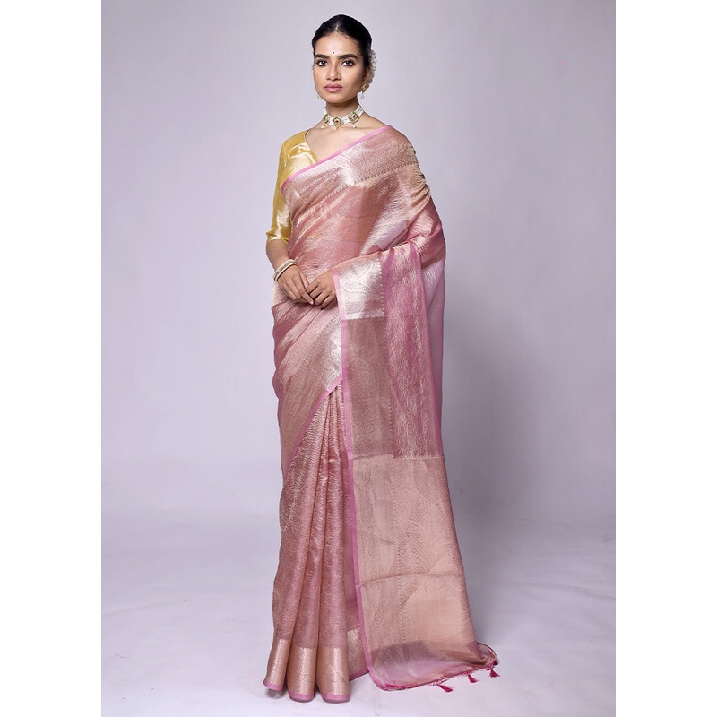 Pink Crushed Tissue Silk Saree With Blouse Piece - JD986601291