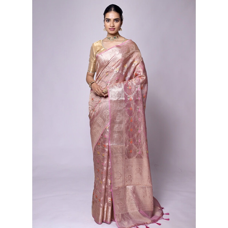 Pink Crushed Tissue Silk Saree With Blouse Piece - JD986601292