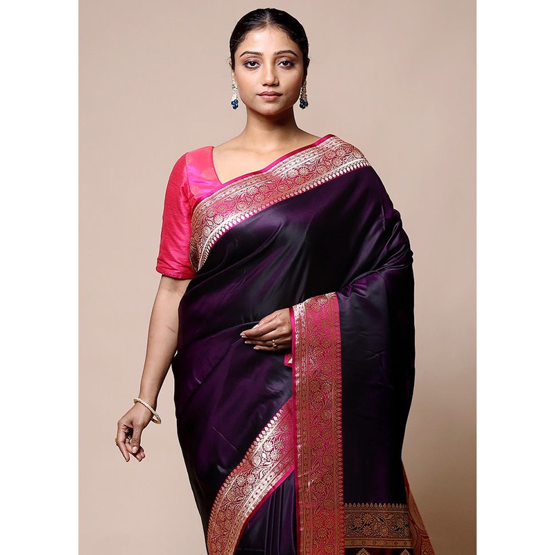 Purple Banarasi Silk Saree With Blouse Piece - JD986601376