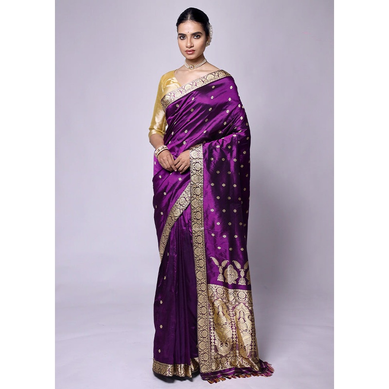 Purple Handloom Assam Pure Silk Saree With Blouse Piece - JD986601286
