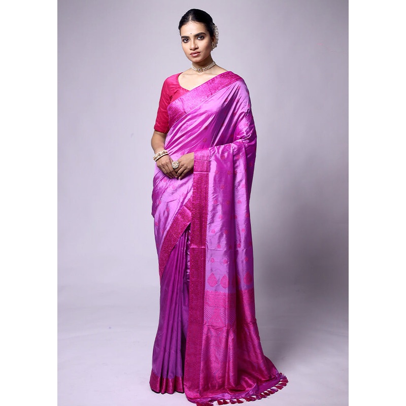 Purple Handloom Assam Pure Silk Saree With Blouse Piece - JD986601290