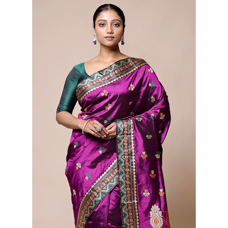 Purple Handloom Assam Pure Silk Saree With Blouse Piece - JD986601375