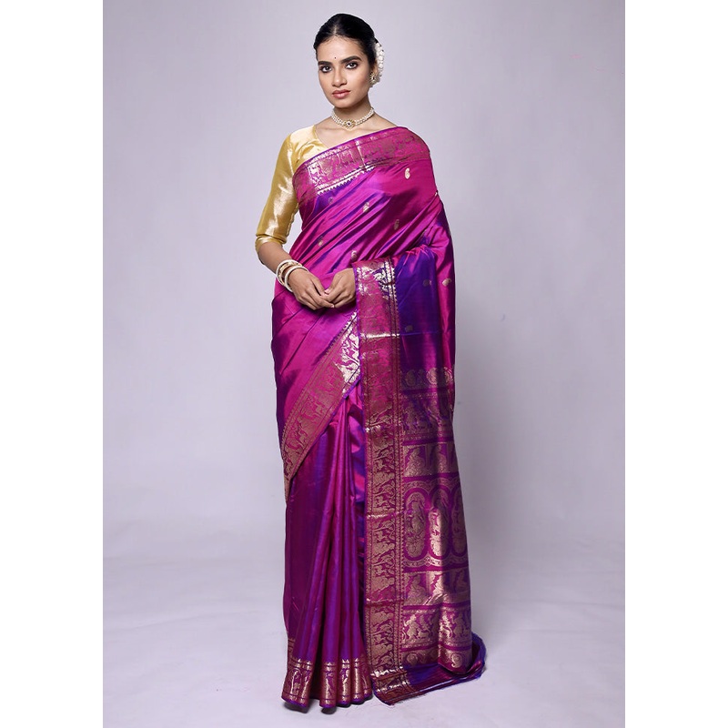 Purple Handloom Baluchari Pure Silk Saree With Blouse Piece - JD986601282