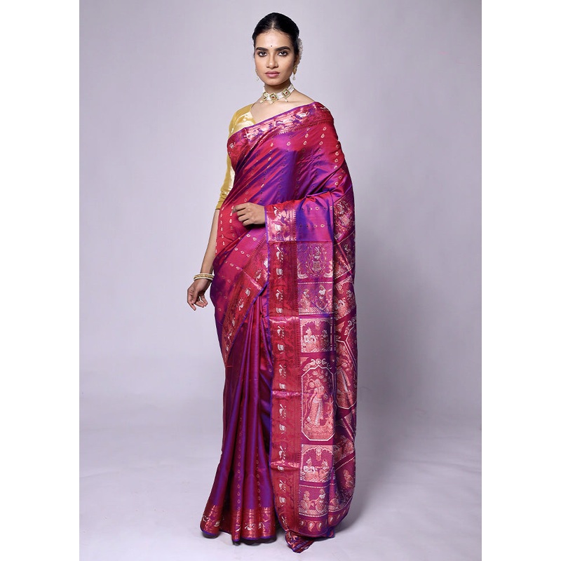 Purple Handloom Baluchari Pure Silk Saree With Blouse Piece - JD986601284
